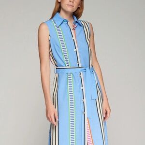 $195 NWT VILAGALLO Mariya Seersucker Sleveless Summer Shirt Dress EU44 US10-12